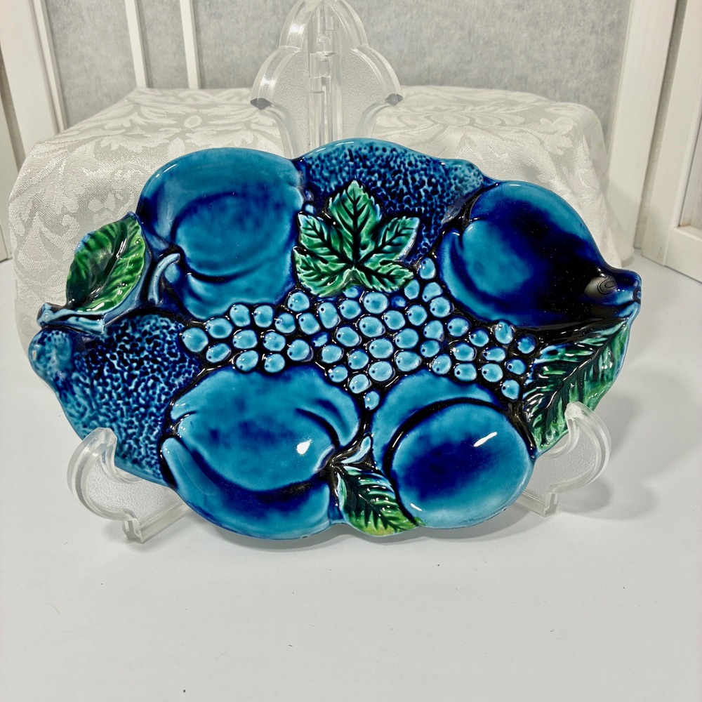 VTG Inarco Japan E-2378 Mood Indigo Ceramic Fruit Platter Embossed Grapes Bowl